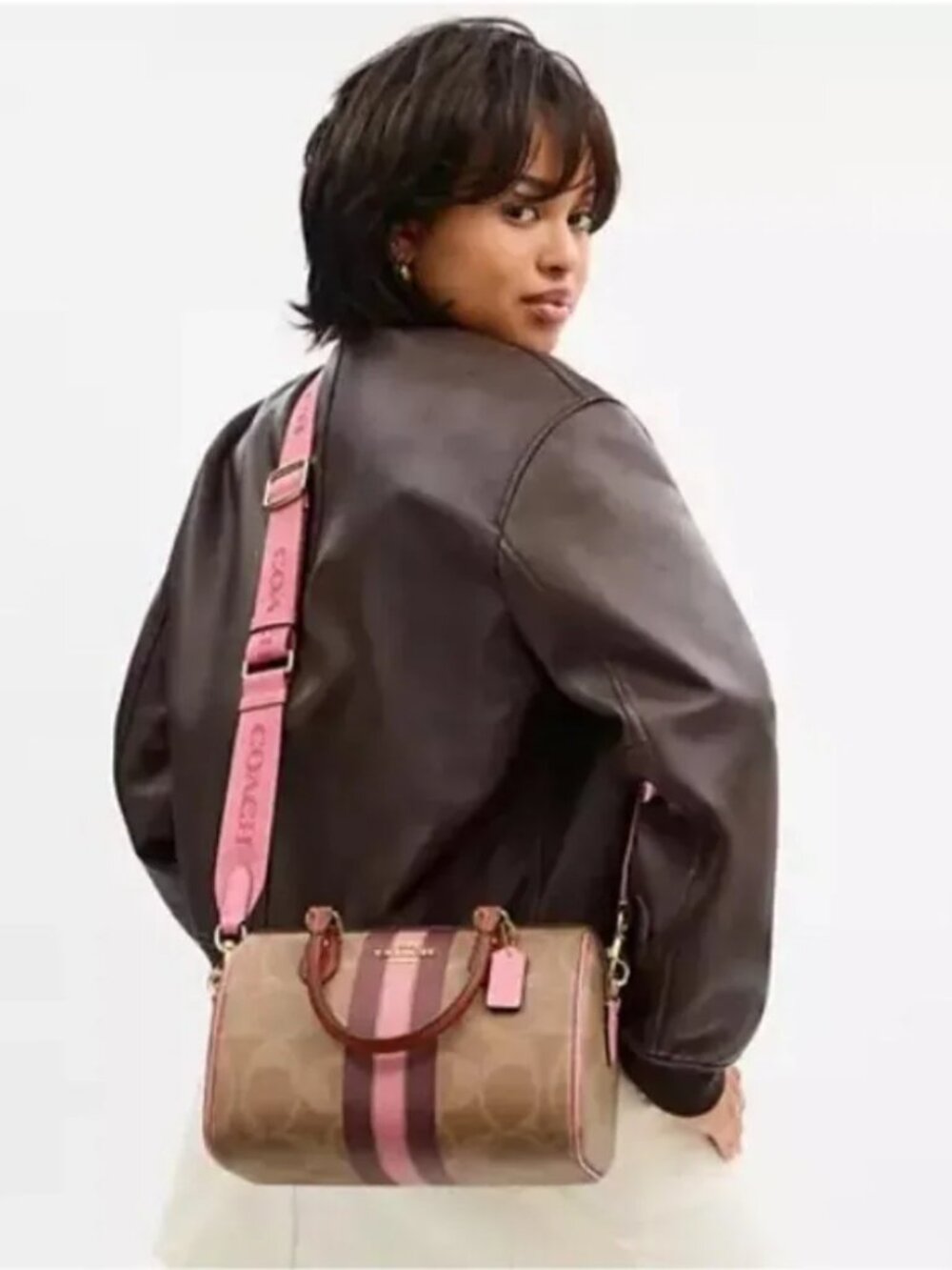 NWT Authentic Coach Rowan Brown Signature Satchel with Pink & Wine Stripe Accent - Picture 11 of 12
